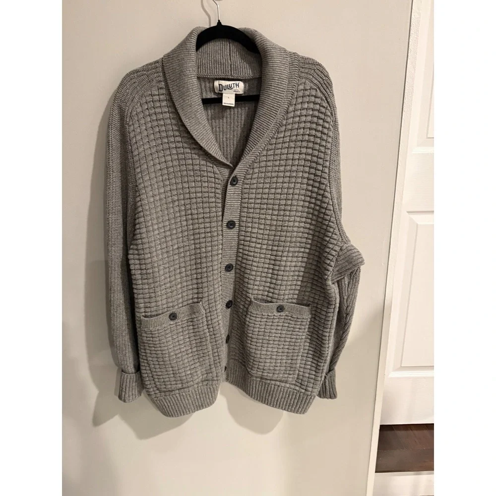Duluth Trading Co Mens Gray Cotton Waffle Knit Shawl Collar Cardigan Sweater L